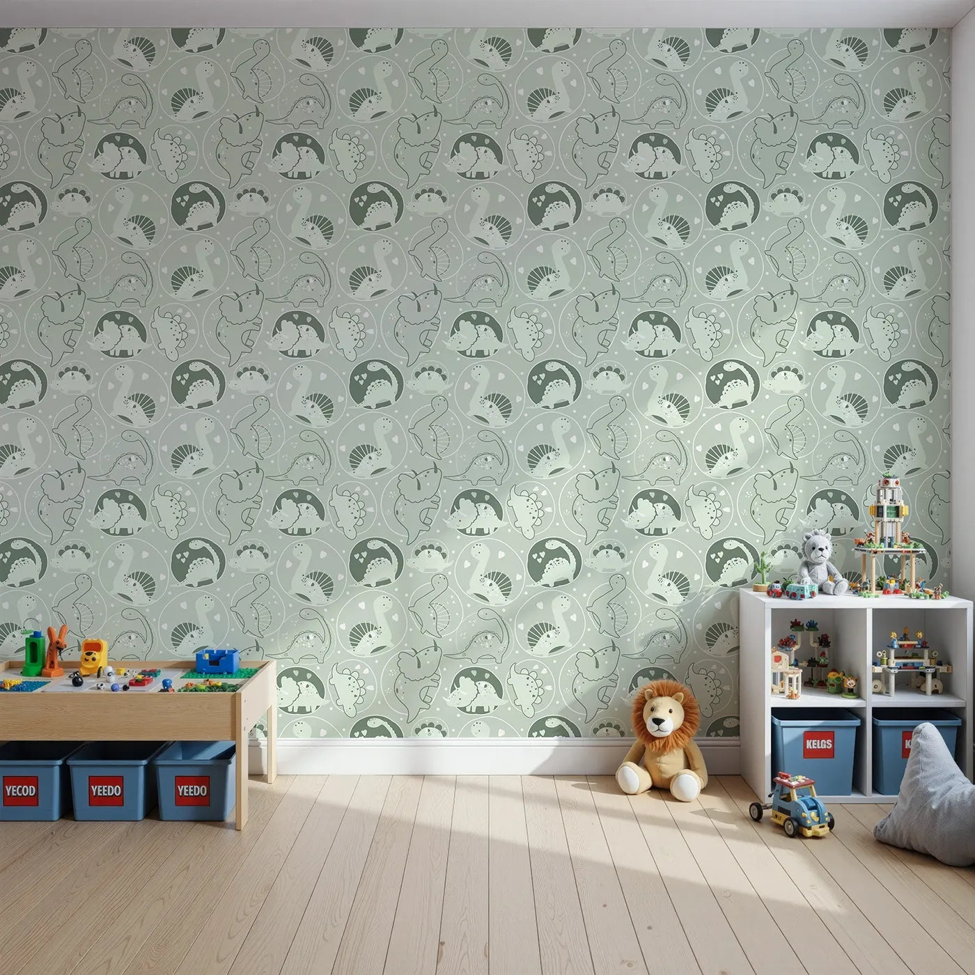 Front view of Whimsy Tots' Dino Circle Parade Wallpaper in Sage Green