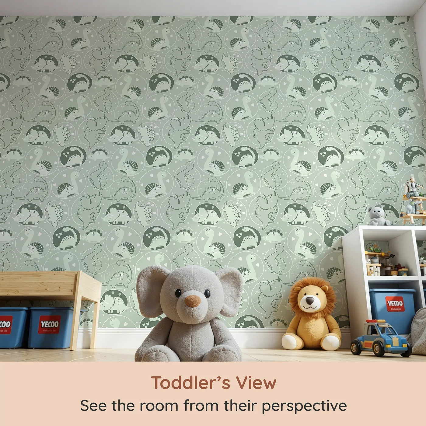 Whimsy Tots Dino Circle Parade Wallpaper in Sage Green (W3079D) from your child's view.Friendly dinosaurs bloom inside cozy green circles of love.