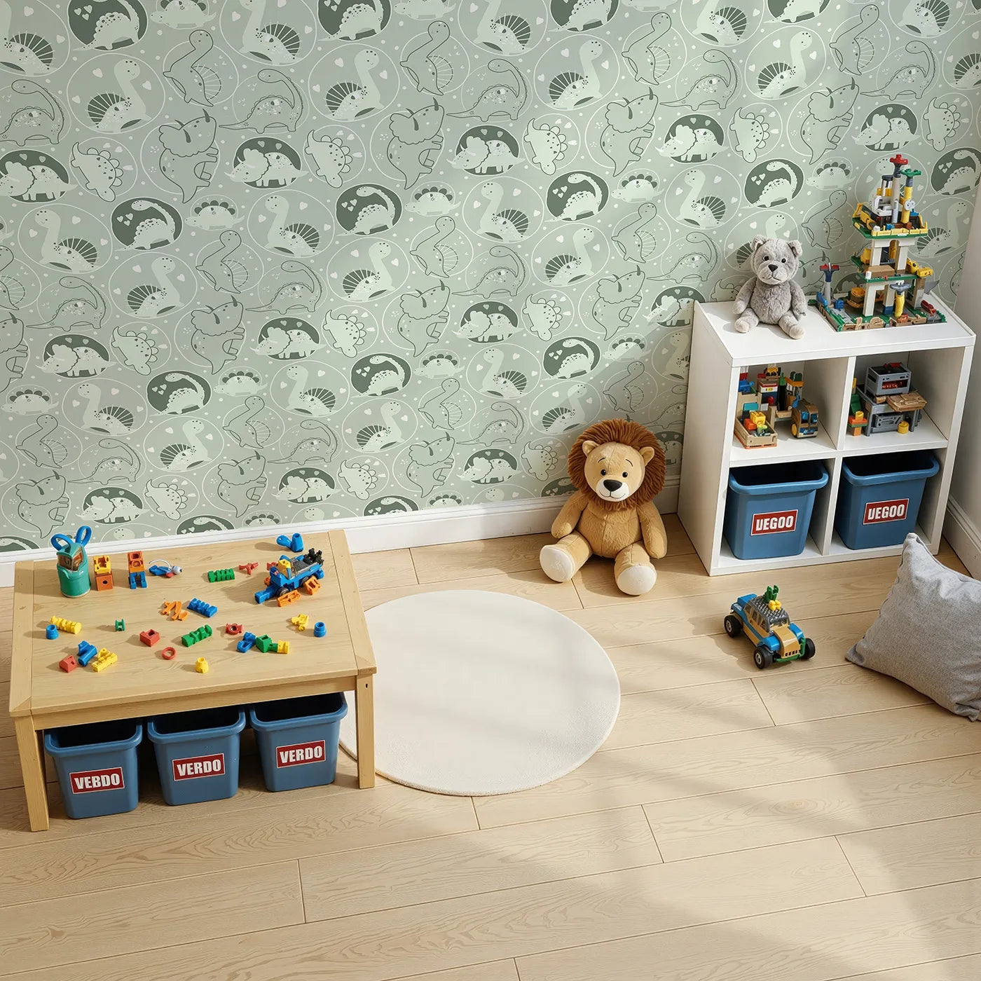 Top-Down view of Whimsy Tots' Dino Circle Parade Wallpaper in Sage Green (W3079D).Friendly dinosaurs bloom inside cozy green circles of love.