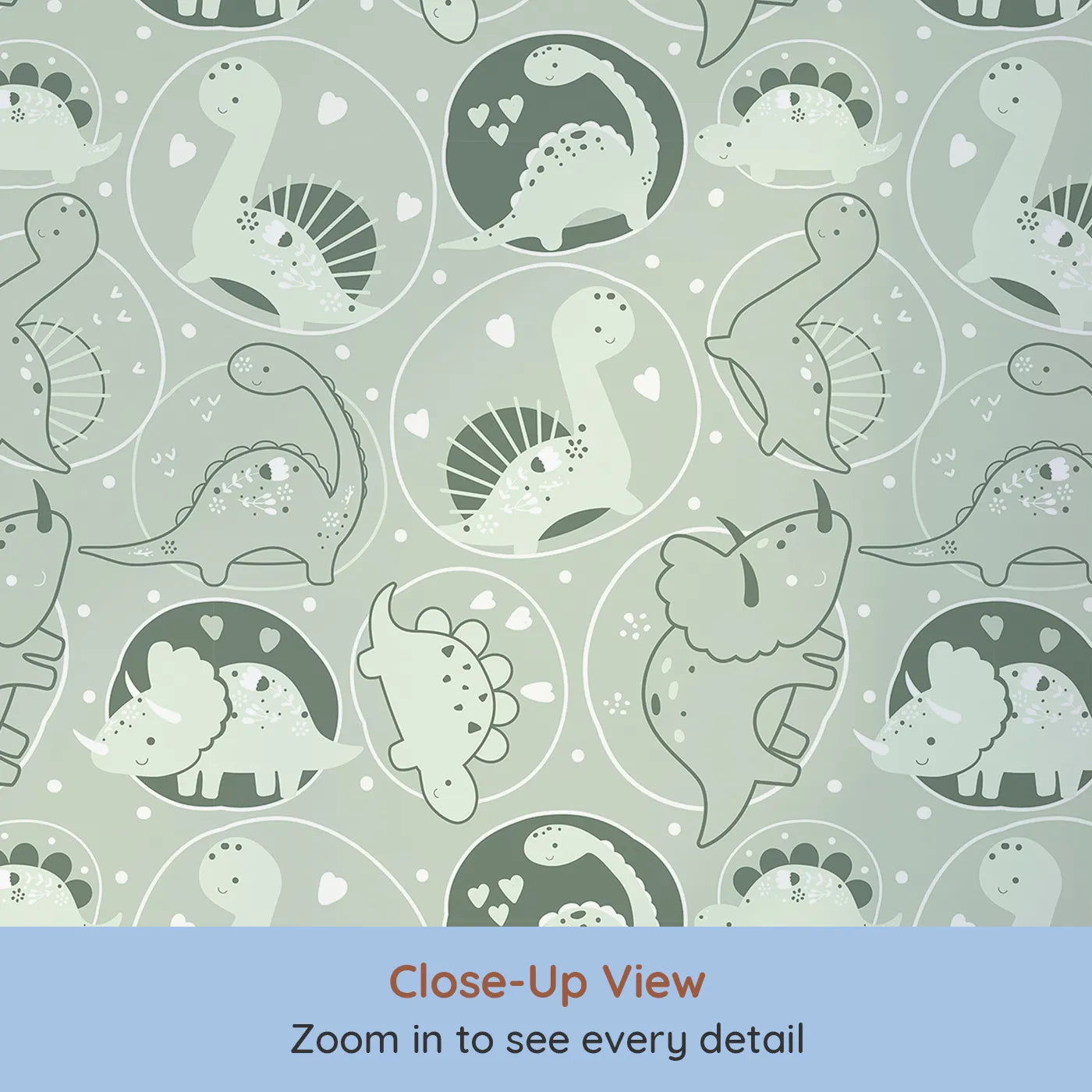 Close-up view of Whimsy Tots' Dino Circle Parade Wallpaper in Sage Green (W3079D).Friendly dinosaurs bloom inside cozy green circles of love.