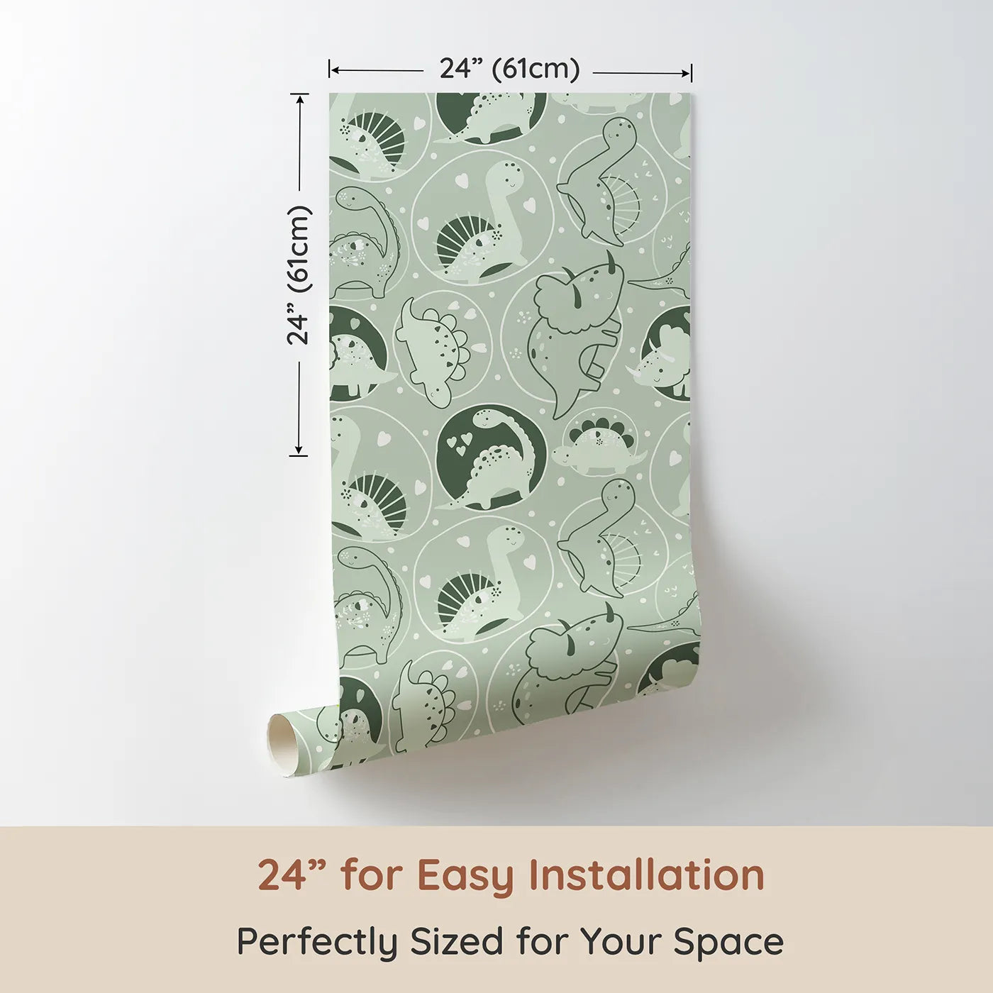 Dimension view of Whimsy Tots Dino Circle Parade Wallpaper in Sage Green (W3079D). Printed in 24-inch-wide panel for easy installation. Friendly dinosaurs bloom inside cozy green circles of love.