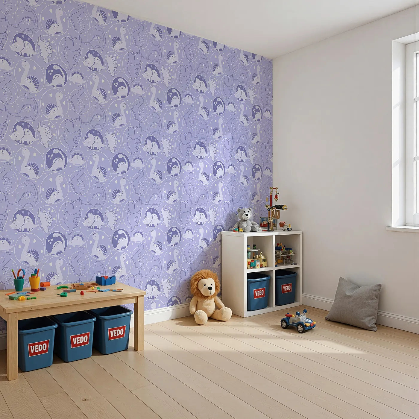 Angled view of Whimsy Tots' Dino Circle Parade Wallpaper in Lavender (W3079E).Lavender dinos spin through hearts, florals, and cuddles galore.