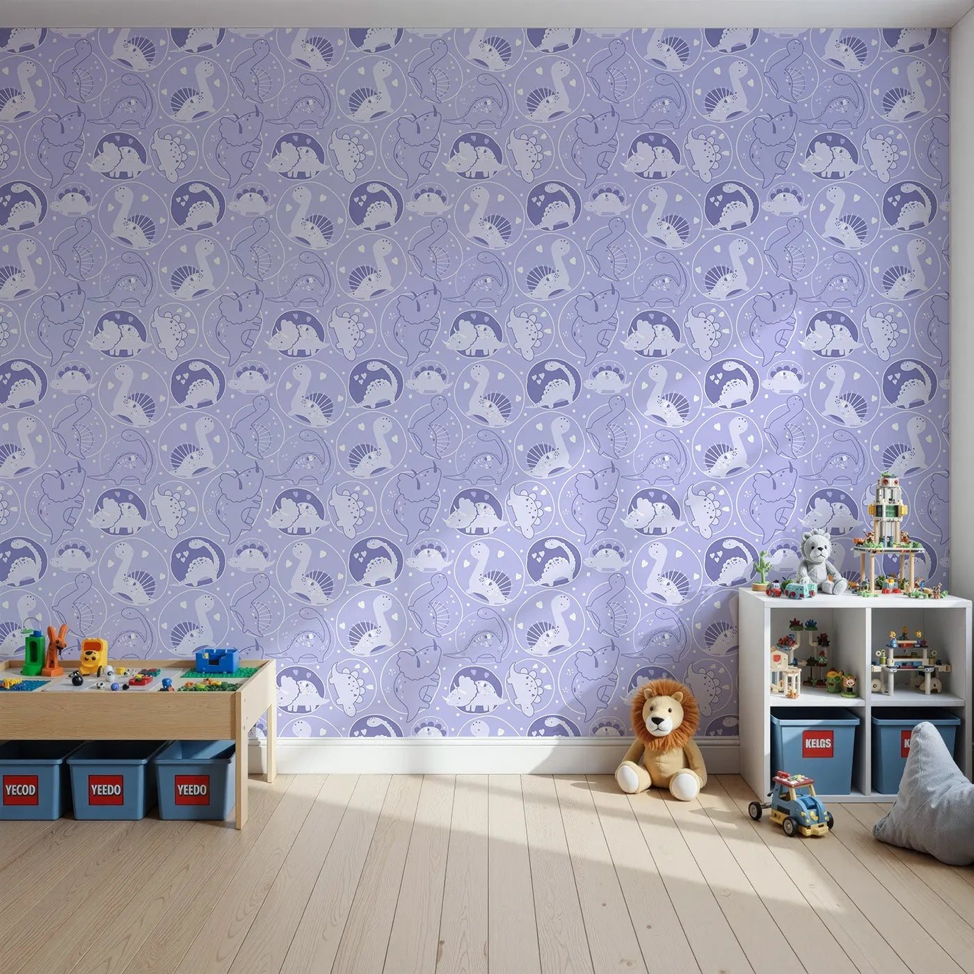 Front view of Whimsy Tots' Dino Circle Parade Wallpaper in Lavender