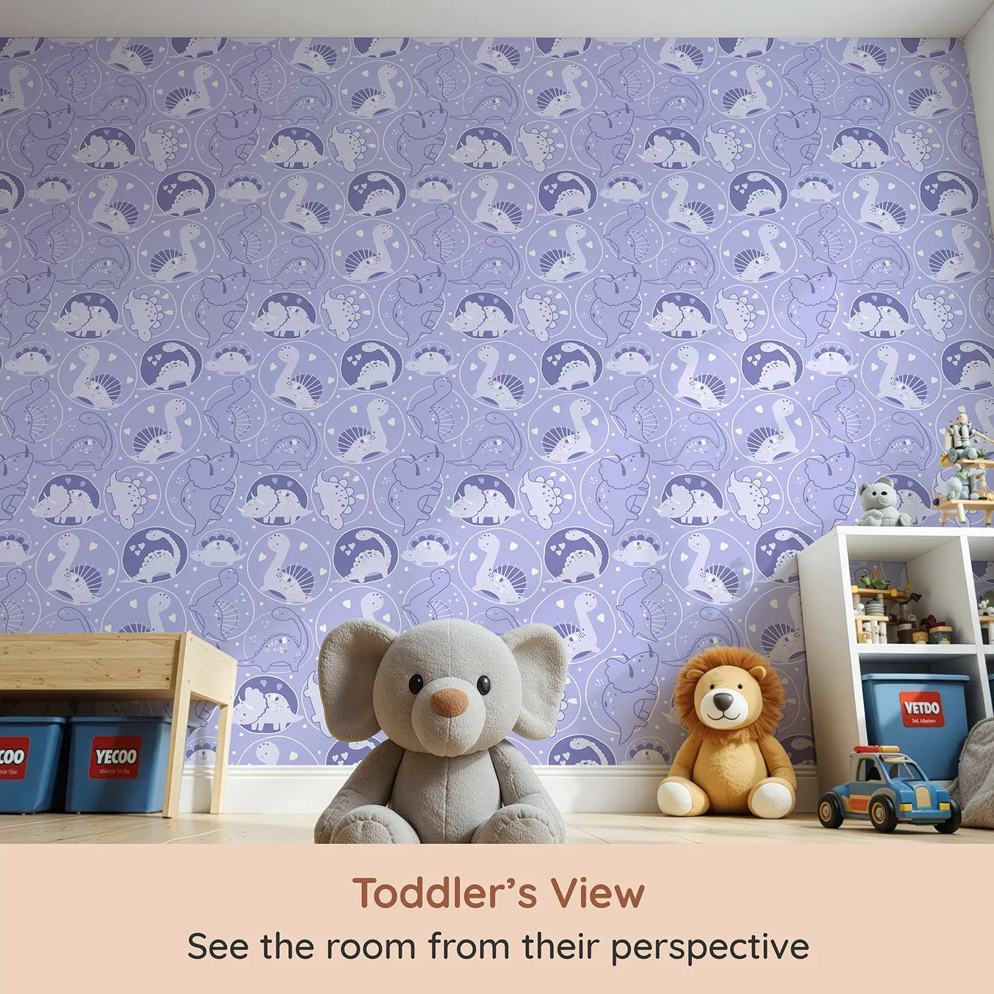 Whimsy Tots Dino Circle Parade Wallpaper in Lavender (W3079E) from your child's view.Lavender dinos spin through hearts, florals, and cuddles galore.