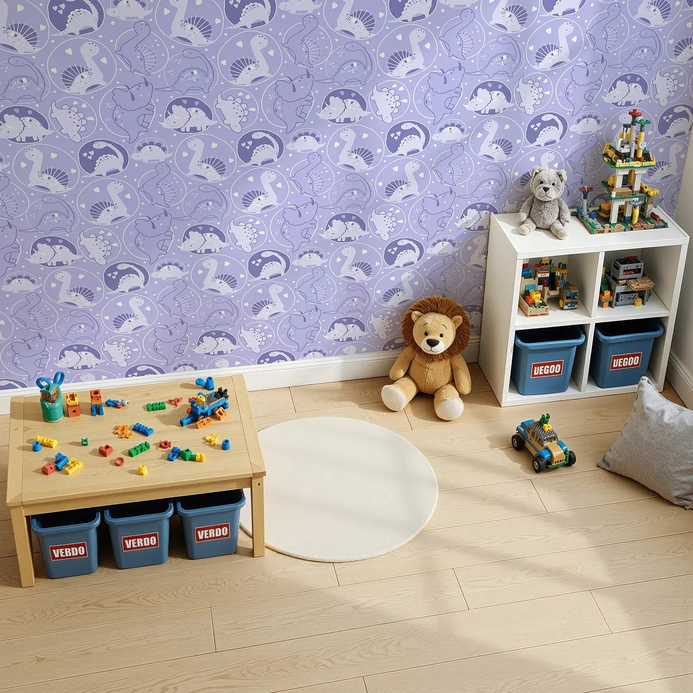 Top-Down view of Whimsy Tots' Dino Circle Parade Wallpaper in Lavender (W3079E).Lavender dinos spin through hearts, florals, and cuddles galore.