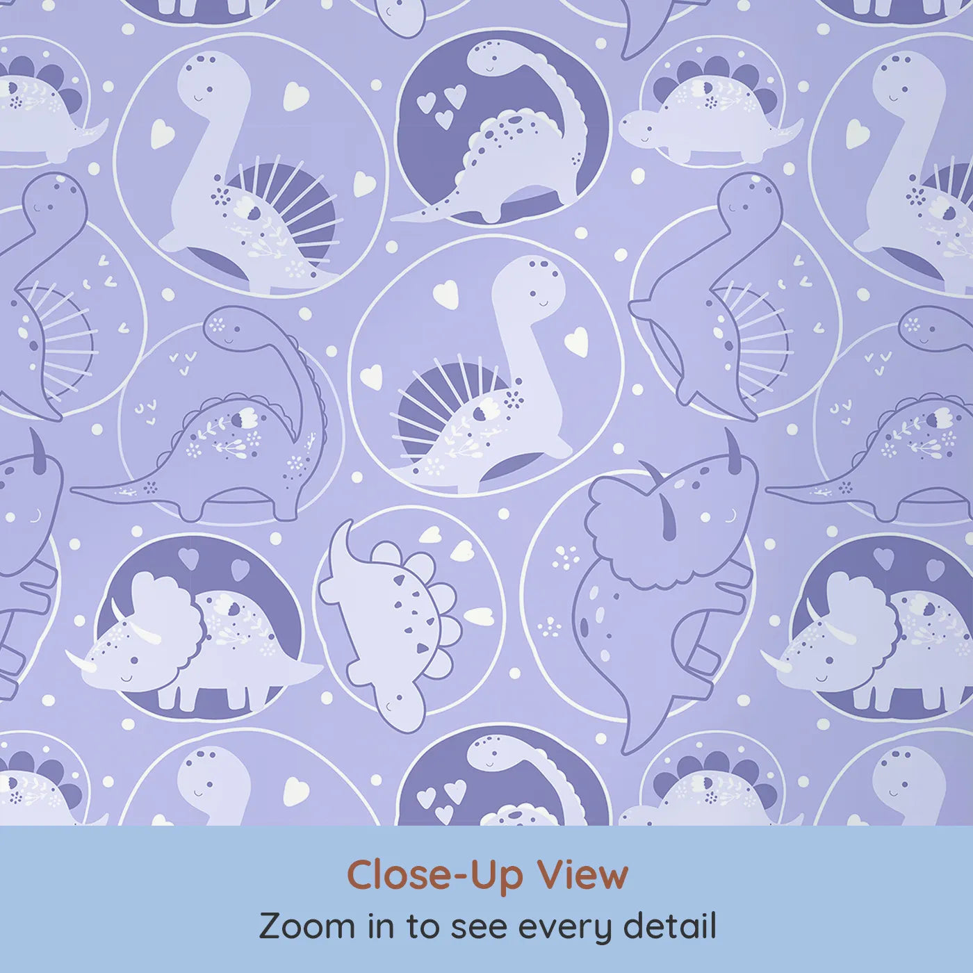 Close-up view of Whimsy Tots' Dino Circle Parade Wallpaper in Lavender (W3079E).Lavender dinos spin through hearts, florals, and cuddles galore.