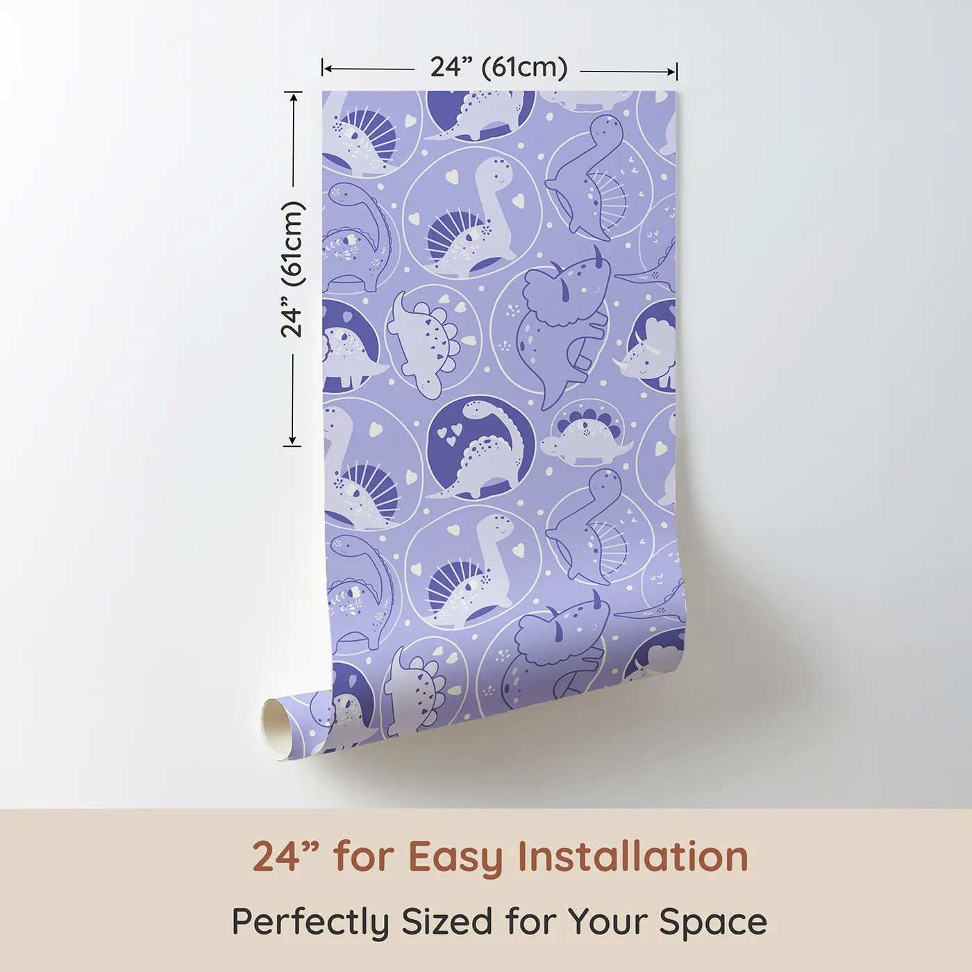 Dimension view of Whimsy Tots Dino Circle Parade Wallpaper in Lavender (W3079E). Printed in 24-inch-wide panel for easy installation. Lavender dinos spin through hearts, florals, and cuddles galore.