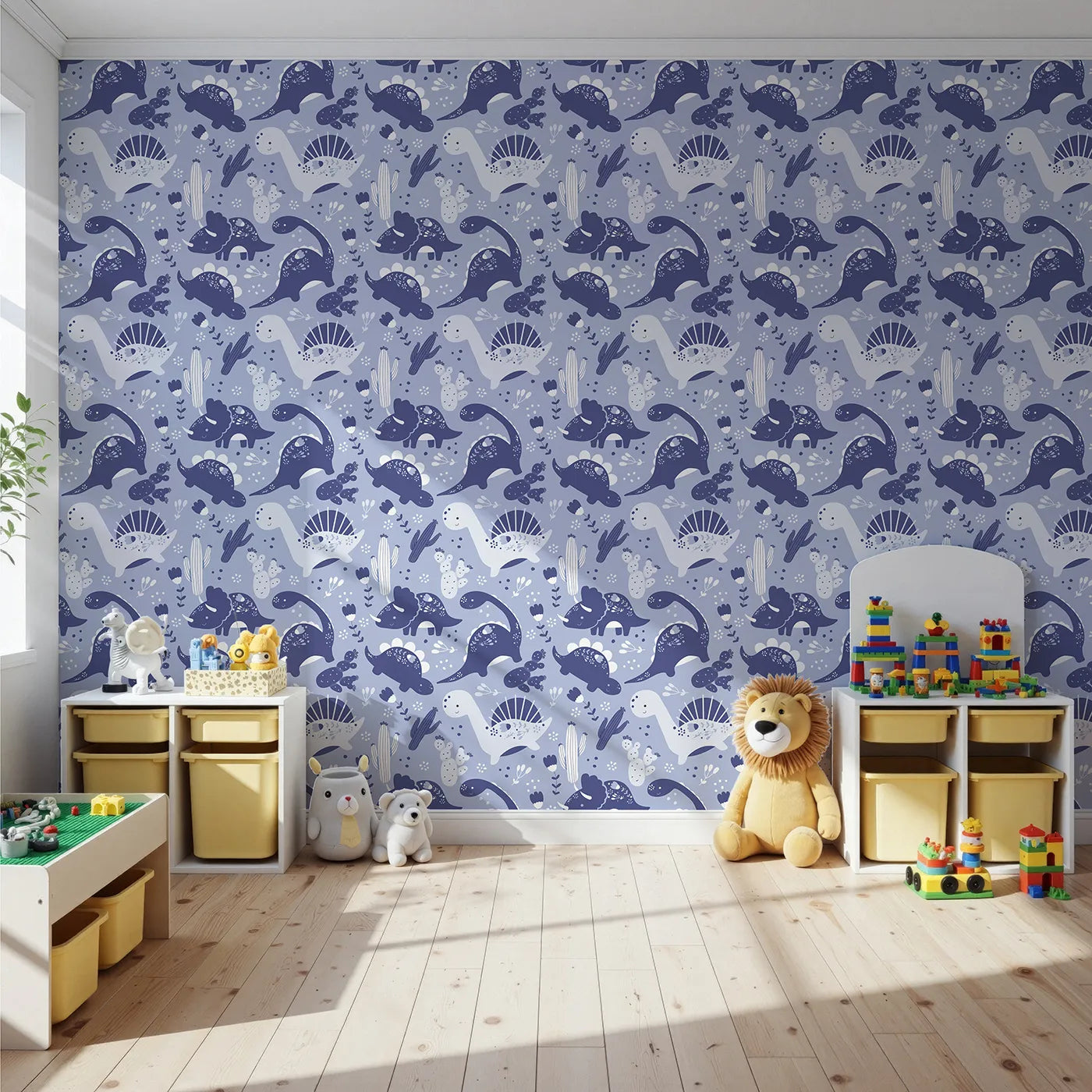 Front view of Whimsy Tots' Botanic Dino Meadow Wallpaper in Periwinkle
