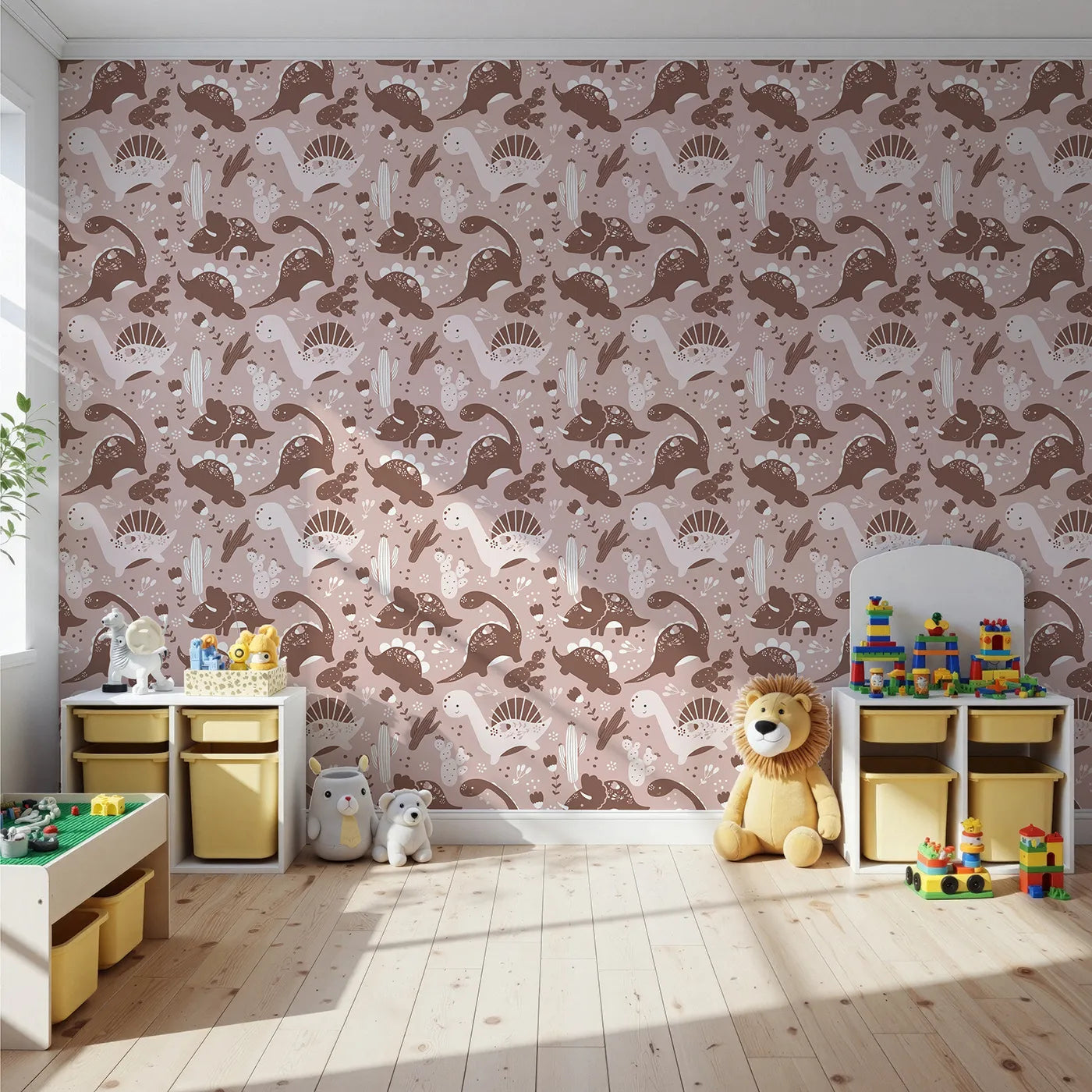 Front view of Whimsy Tots' Botanic Dino Meadow Wallpaper in Rosewood Pink