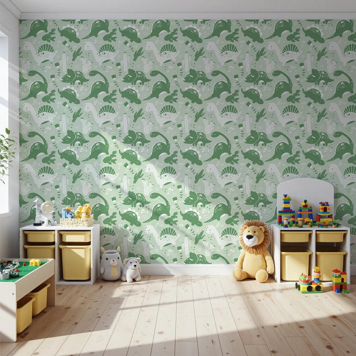 Front view of Whimsy Tots' Botanic Dino Meadow Wallpaper in Sage Green