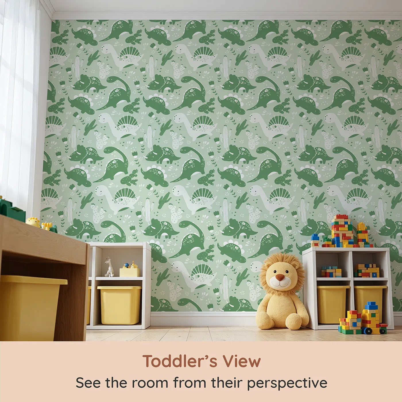 Whimsy Tots Botanic Dino Meadow Wallpaper in Sage Green (W3080C) from your child's view.Smiling dinosaurs and soft green florals turn their space into a calming oasis.
