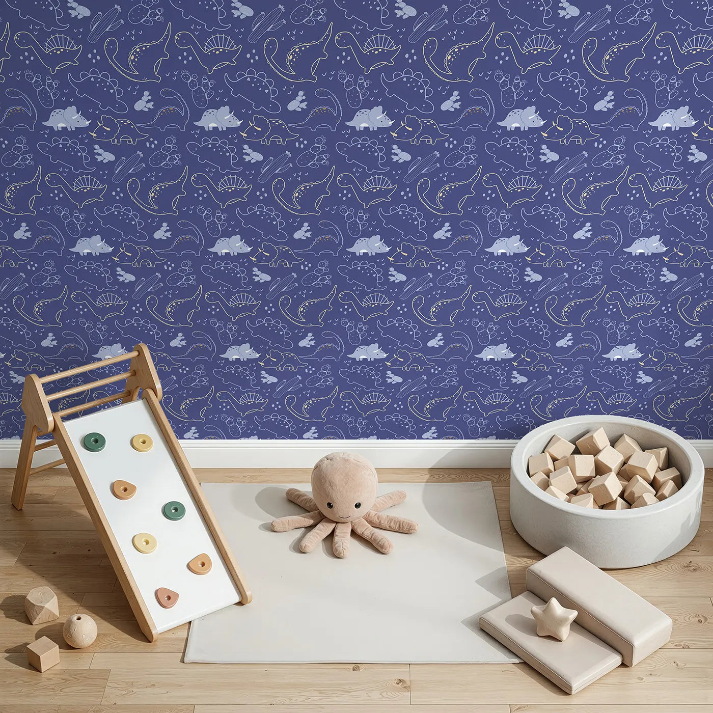 Top-Down view of Whimsy Tots' Midnight Dino Parade Wallpaper in Navy Blue (W3081A).Playful dinos march across a navy sky filled with cacti and nighttime giggles.