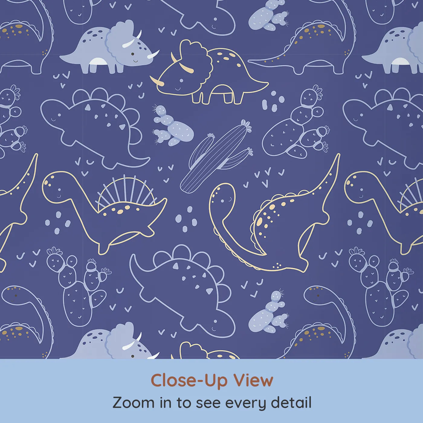 Close-up view of Whimsy Tots' Midnight Dino Parade Wallpaper in Navy Blue (W3081A).Playful dinos march across a navy sky filled with cacti and nighttime giggles.