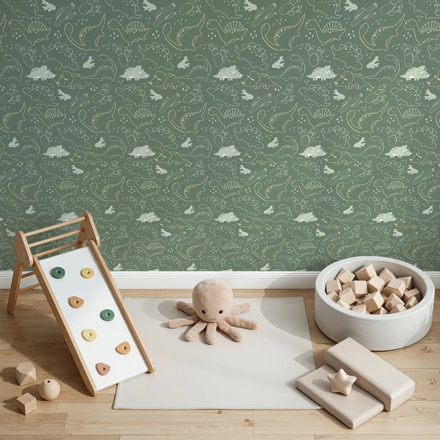Top-Down view of Whimsy Tots' Midnight Dino Parade Wallpaper in Forest Green (W3081C).Dino silhouettes shine softly across a forest-green night.