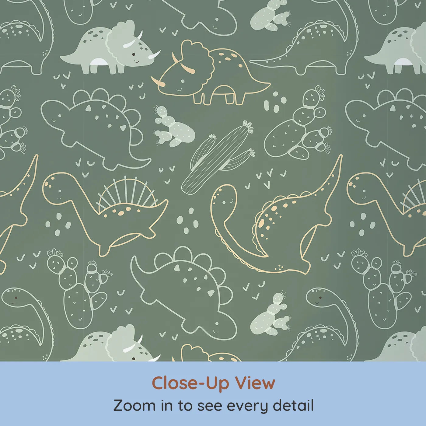 Close-up view of Whimsy Tots' Midnight Dino Parade Wallpaper in Forest Green (W3081C).Dino silhouettes shine softly across a forest-green night.