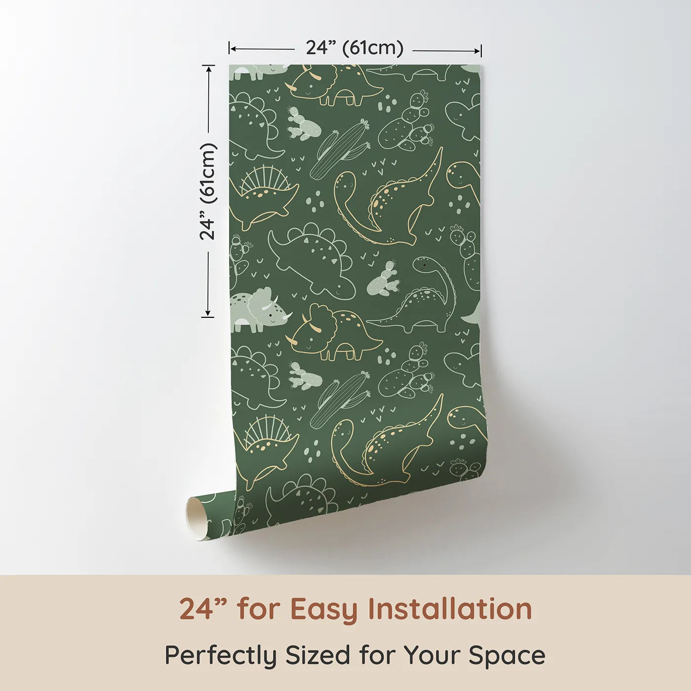 Dimension view of Whimsy Tots Midnight Dino Parade Wallpaper in Forest Green (W3081C). Printed in 24-inch-wide panel for easy installation. Dino silhouettes shine softly across a forest-green night.