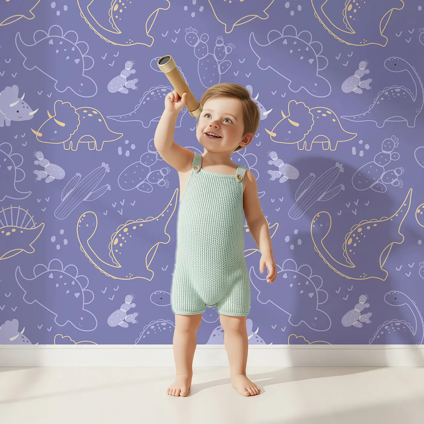 Lovely child standing in front of Whimsy Tots Midnight Dino Parade Wallpaper in Lavender with dinosaur, cactus, heart, footprint in design.