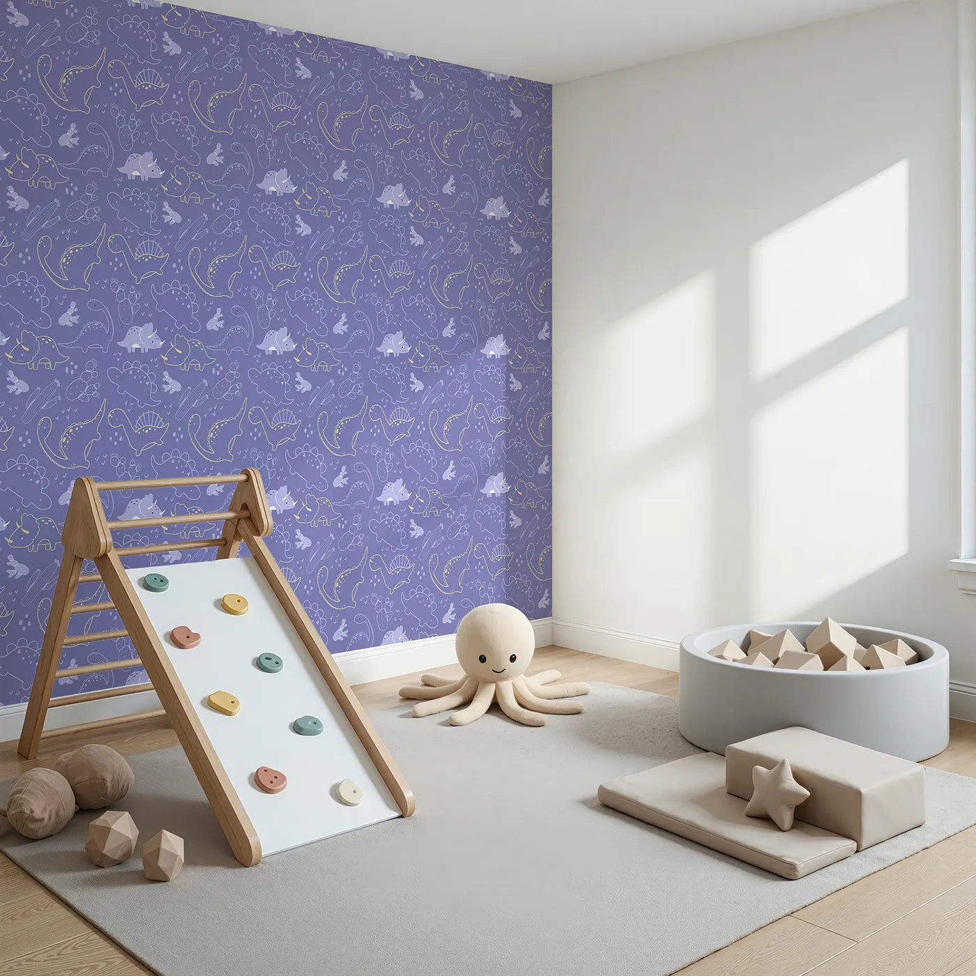 Angled view of Whimsy Tots' Midnight Dino Parade Wallpaper in Lavender (W3081D).Outlined dinos explore a lavender sky filled with cacti and tiny prints.