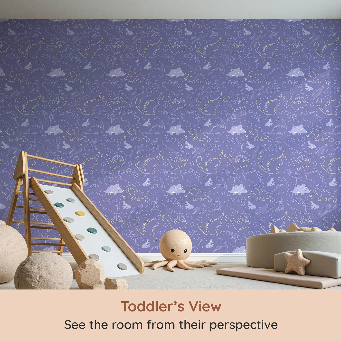 Whimsy Tots Midnight Dino Parade Wallpaper in Lavender (W3081D) from your child's view.Outlined dinos explore a lavender sky filled with cacti and tiny prints.