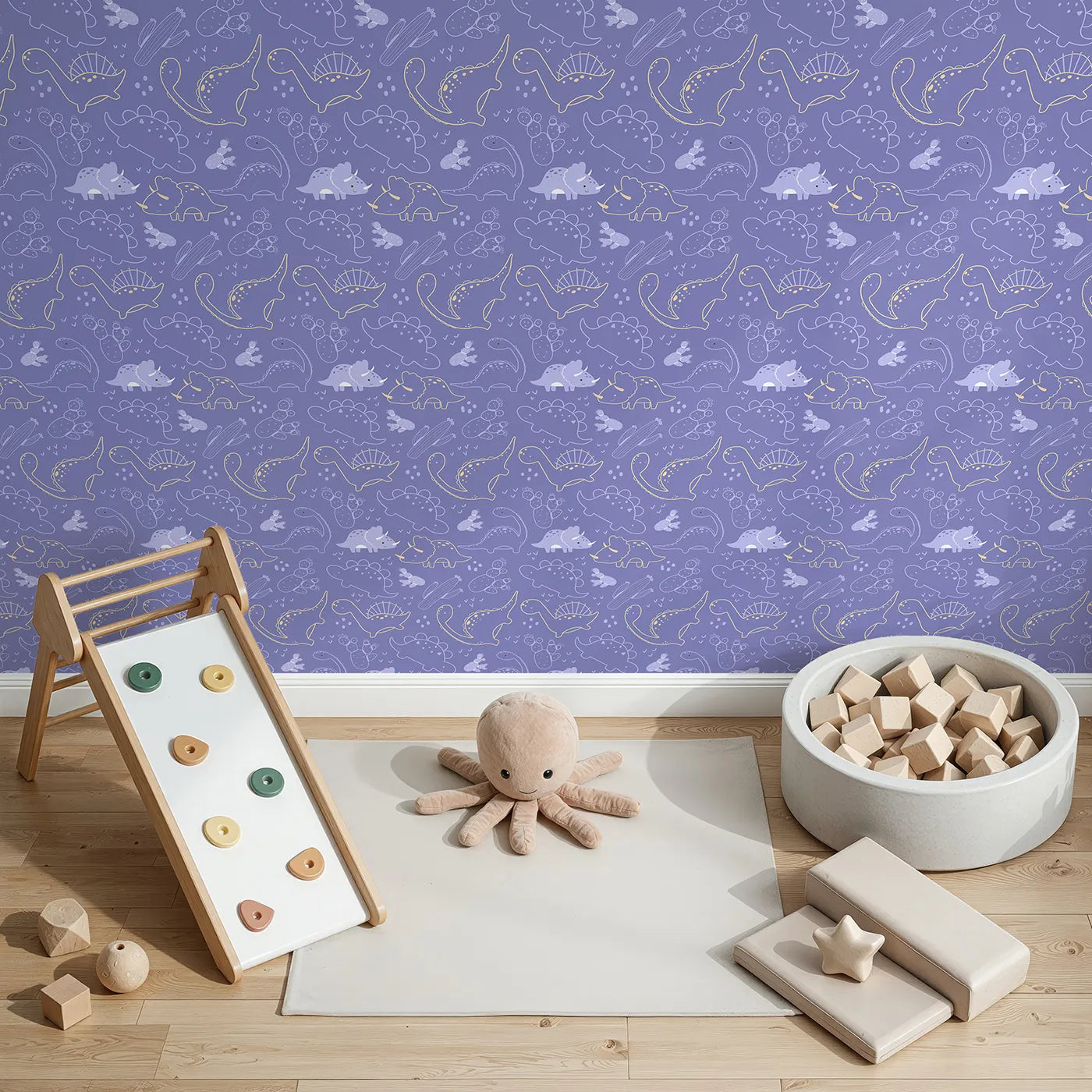Top-Down view of Whimsy Tots' Midnight Dino Parade Wallpaper in Lavender (W3081D).Outlined dinos explore a lavender sky filled with cacti and tiny prints.