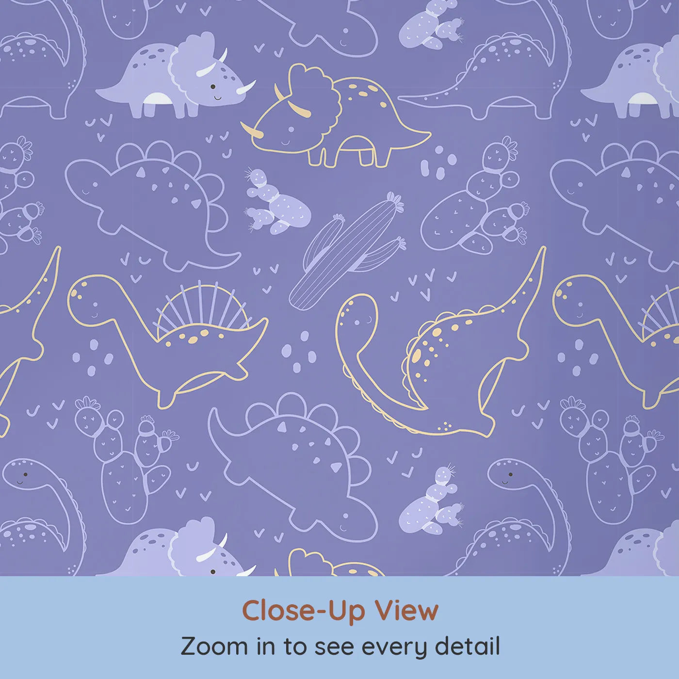 Close-up view of Whimsy Tots' Midnight Dino Parade Wallpaper in Lavender (W3081D).Outlined dinos explore a lavender sky filled with cacti and tiny prints.