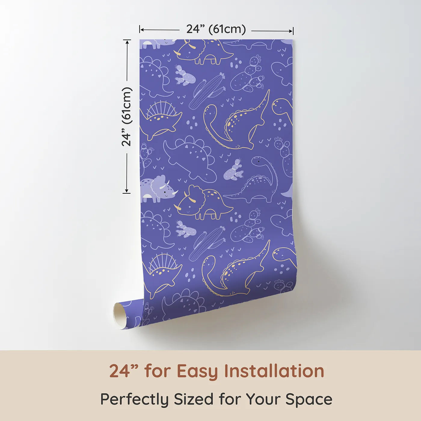 Dimension view of Whimsy Tots Midnight Dino Parade Wallpaper in Lavender (W3081D). Printed in 24-inch-wide panel for easy installation. Outlined dinos explore a lavender sky filled with cacti and tiny prints.