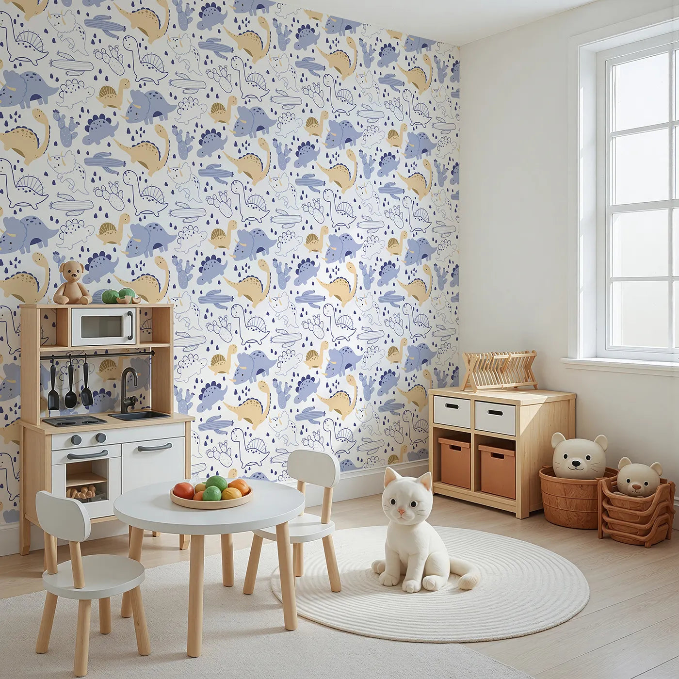 Angled view of Whimsy Tots' Cactus Canyon Dinos Wallpaper in White (W3082A).Blue and golden dinos frolic among cheerful cacti and desert stones.