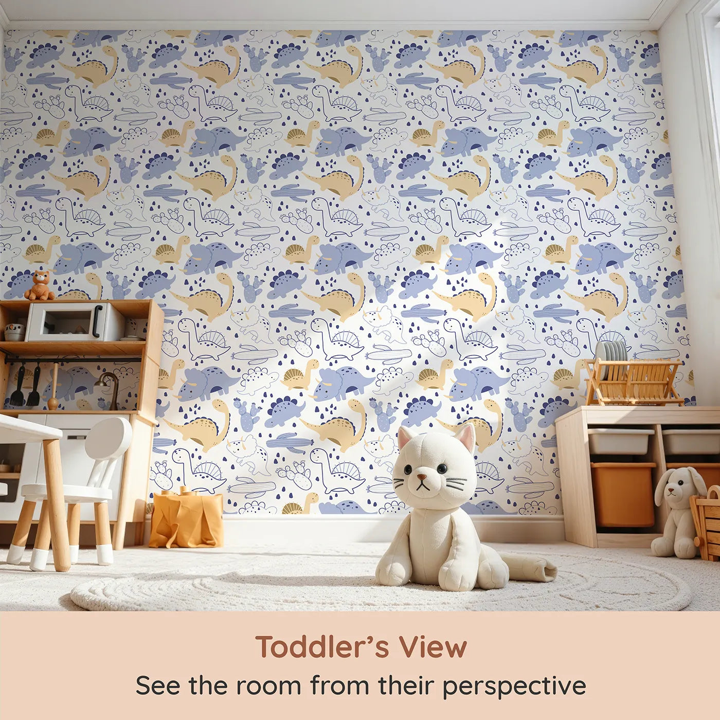 Whimsy Tots Cactus Canyon Dinos Wallpaper in White (W3082A) from your child's view.Blue and golden dinos frolic among cheerful cacti and desert stones.