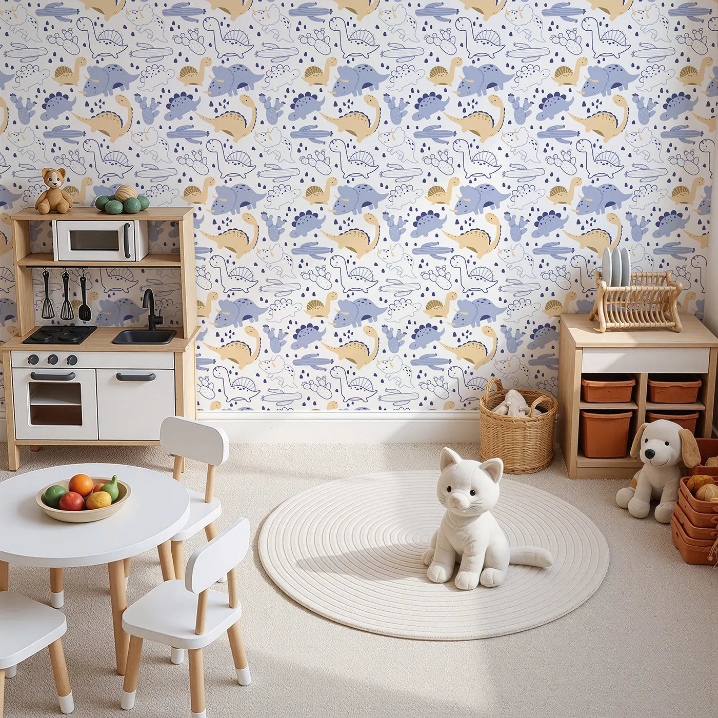 Top-Down view of Whimsy Tots' Cactus Canyon Dinos Wallpaper in White (W3082A).Blue and golden dinos frolic among cheerful cacti and desert stones.