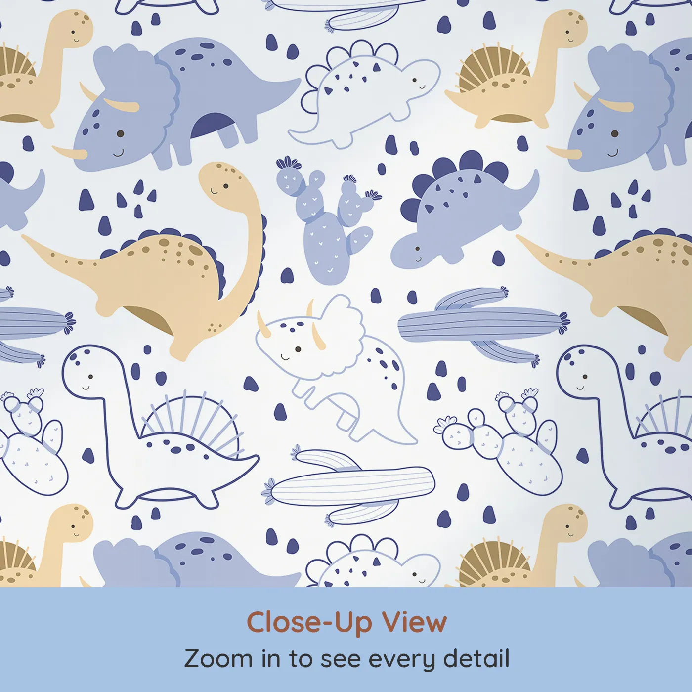 Close-up view of Whimsy Tots' Cactus Canyon Dinos Wallpaper in White (W3082A).Blue and golden dinos frolic among cheerful cacti and desert stones.