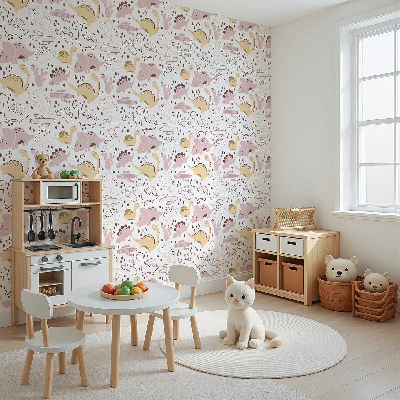 Angled view of Whimsy Tots' Cactus Canyon Dinos Wallpaper in Blush Pink (W3082B).Rosy dinos and cacti bloom across a warm white background.