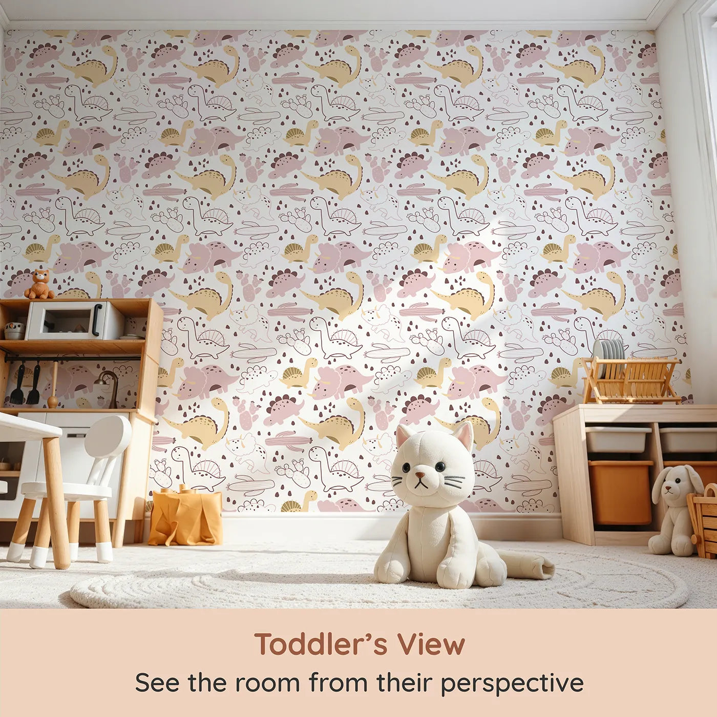 Whimsy Tots Cactus Canyon Dinos Wallpaper in Blush Pink (W3082B) from your child's view.Rosy dinos and cacti bloom across a warm white background.