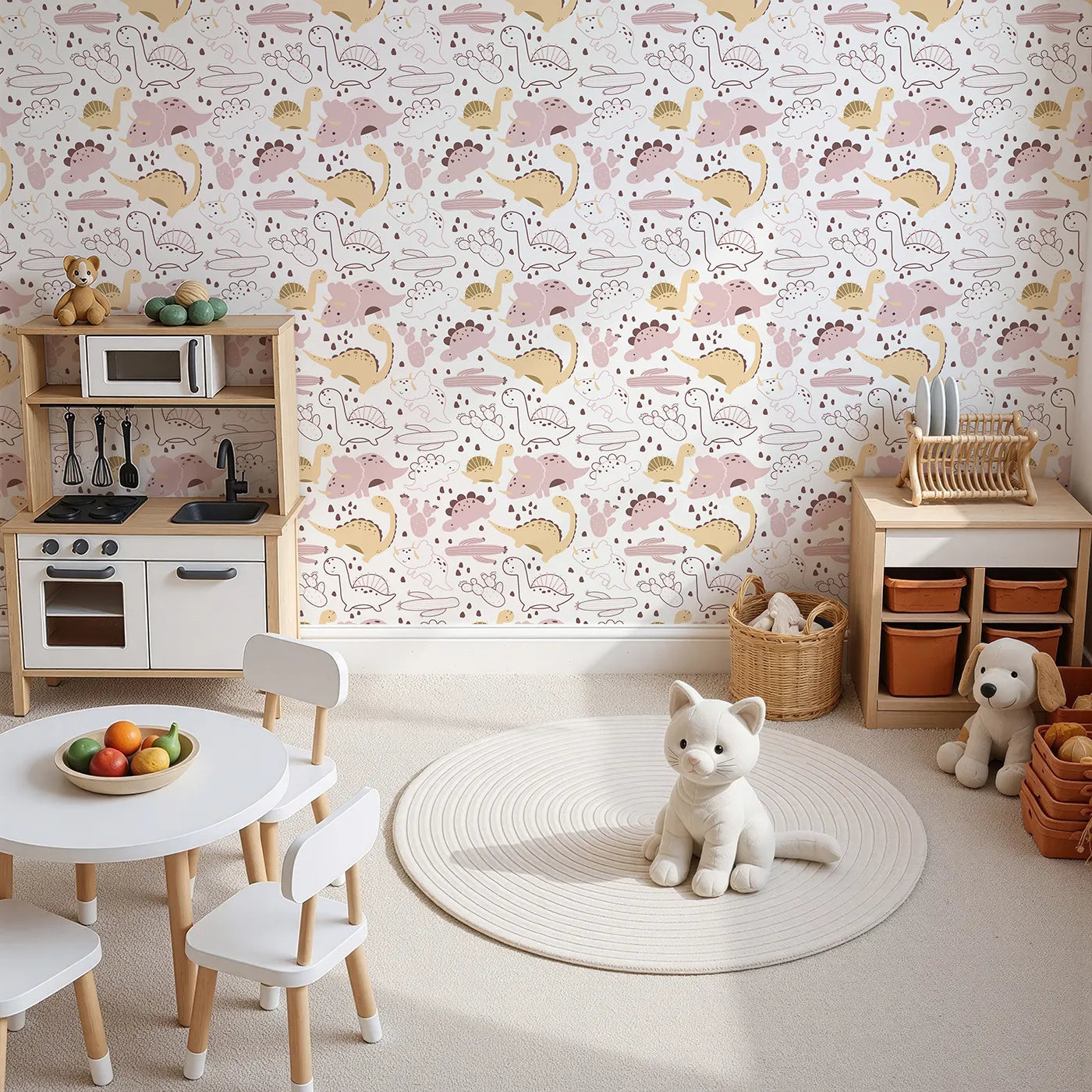 Top-Down view of Whimsy Tots' Cactus Canyon Dinos Wallpaper in Blush Pink (W3082B).Rosy dinos and cacti bloom across a warm white background.