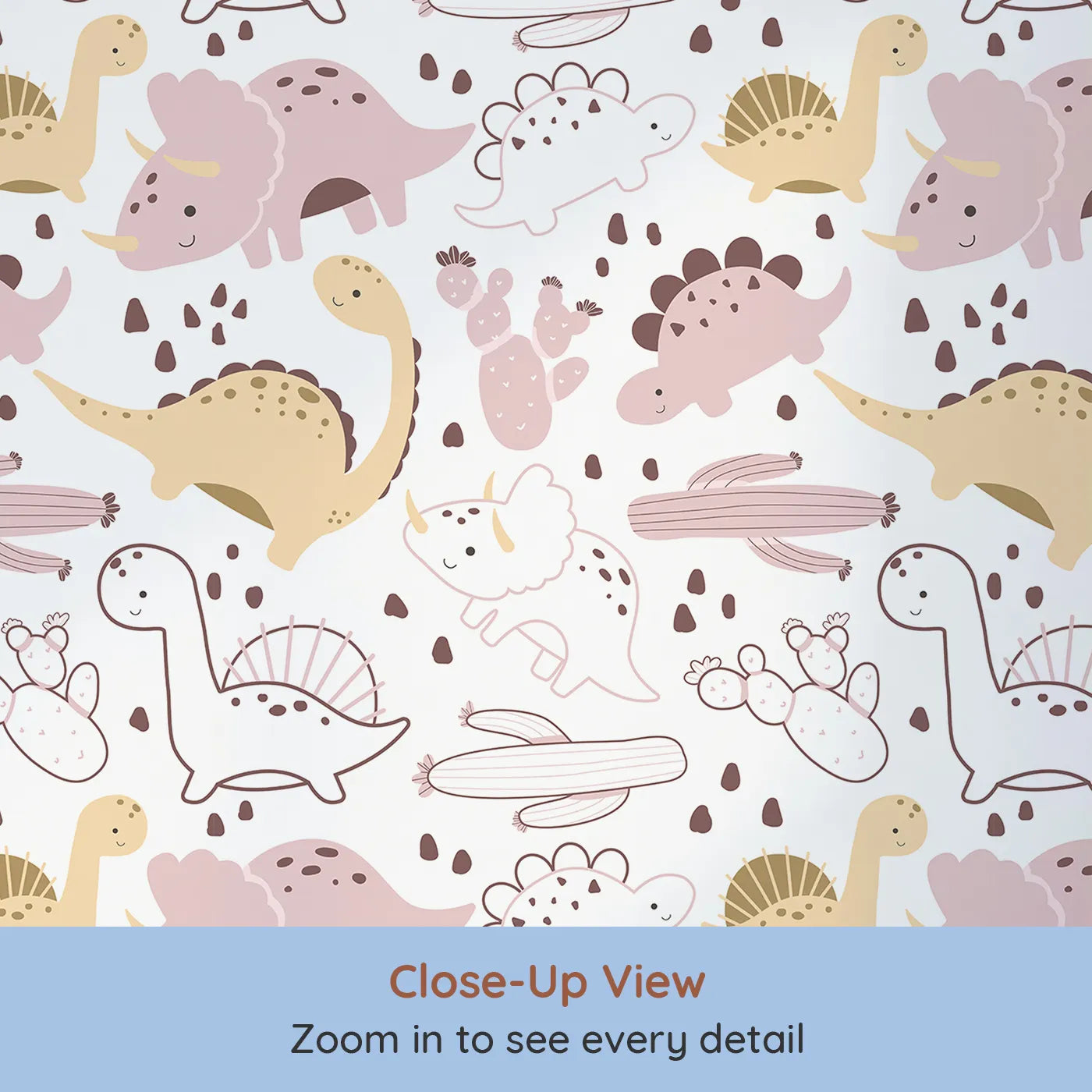 Close-up view of Whimsy Tots' Cactus Canyon Dinos Wallpaper in Blush Pink (W3082B).Rosy dinos and cacti bloom across a warm white background.