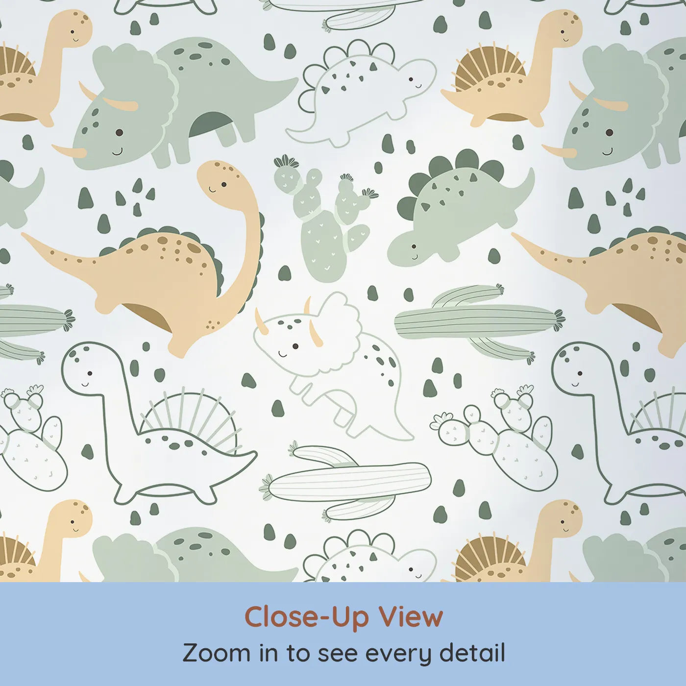 Close-up view of Whimsy Tots' Cactus Canyon Dinos Wallpaper in Mint Green (W3082C).Sage and sunshine dinos explore a minty-soft desert landscape.