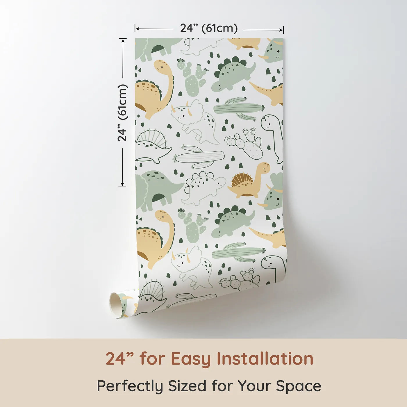 Dimension view of Whimsy Tots Cactus Canyon Dinos Wallpaper in Mint Green (W3082C). Printed in 24-inch-wide panel for easy installation. Sage and sunshine dinos explore a minty-soft desert landscape.