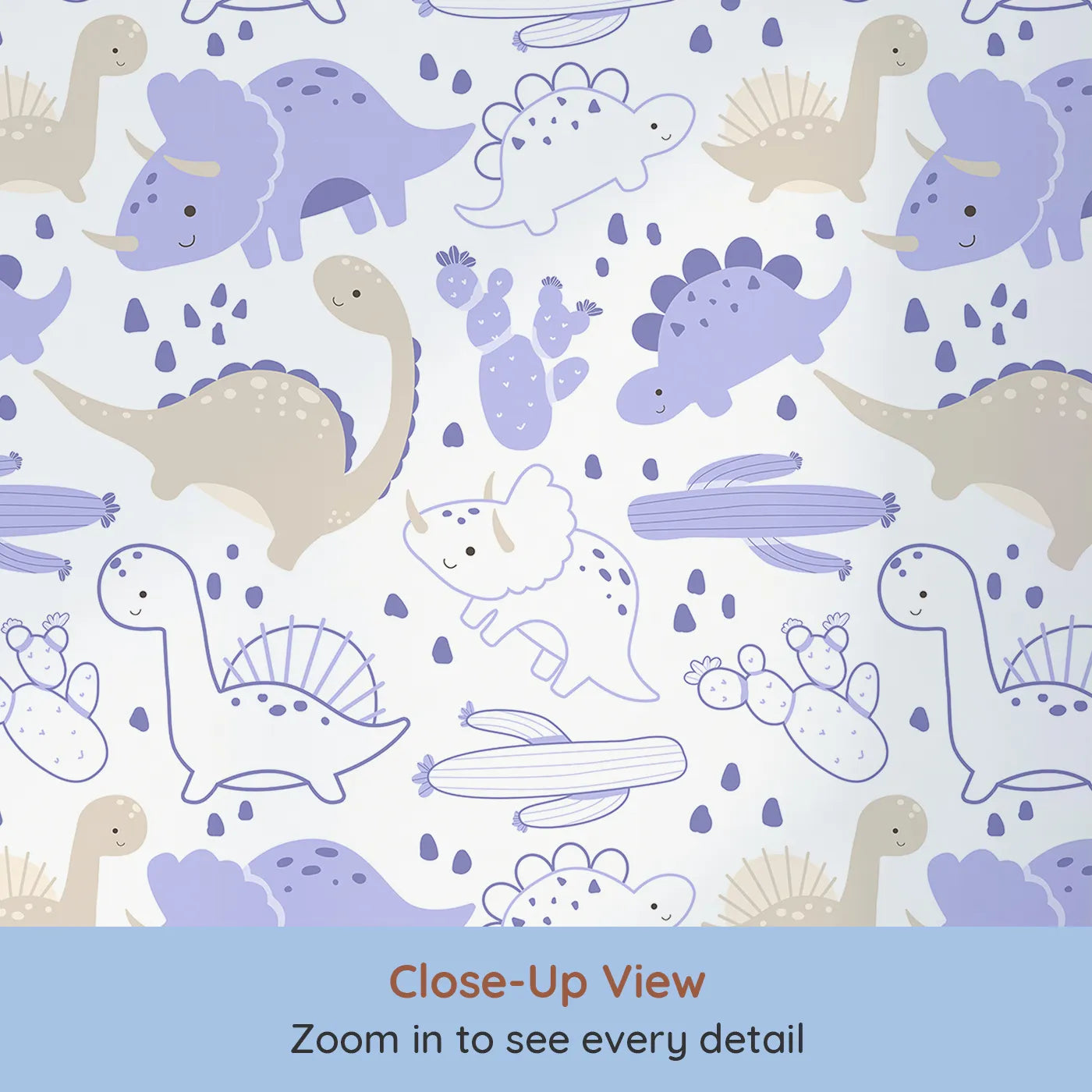 Close-up view of Whimsy Tots' Cactus Canyon Dinos Wallpaper in Lilac Lavender (W3082D).Lilac dinosaurs and soft beige accents bring a dreamy dino vibe.