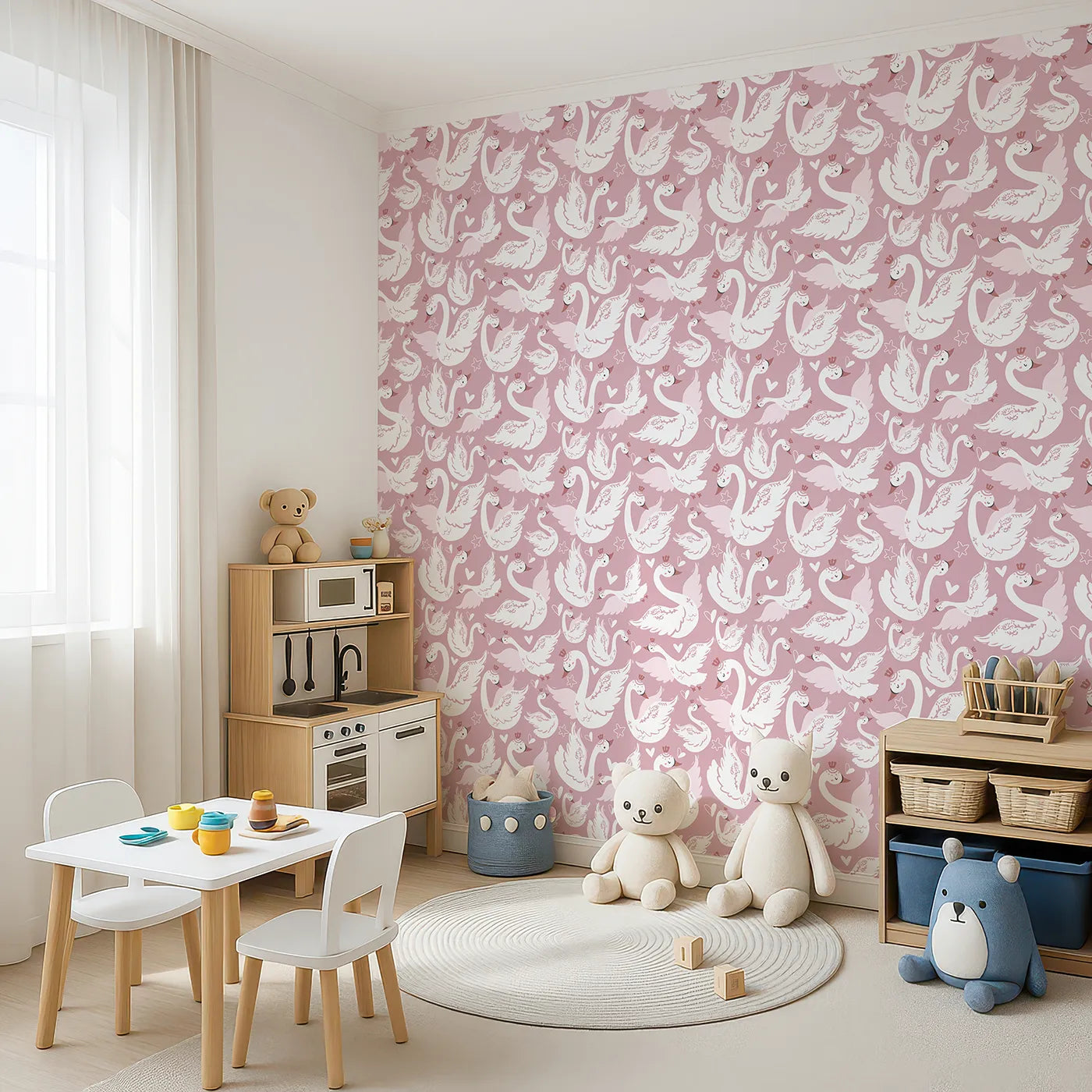 Angled view of Whimsy Tots' Swan Princess Waltz Wallpaper in Blush Pink (W3083A).Crowned swans and floating hearts dance across a rosy pink sky.