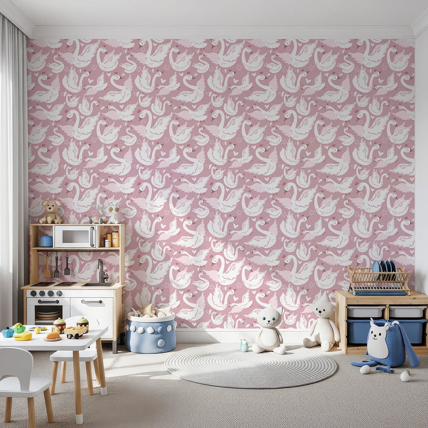 Front view of Whimsy Tots' Swan Princess Waltz Wallpaper in Blush Pink