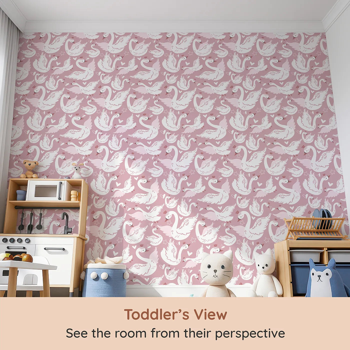 Whimsy Tots Swan Princess Waltz Wallpaper in Blush Pink (W3083A) from your child's view.Crowned swans and floating hearts dance across a rosy pink sky.