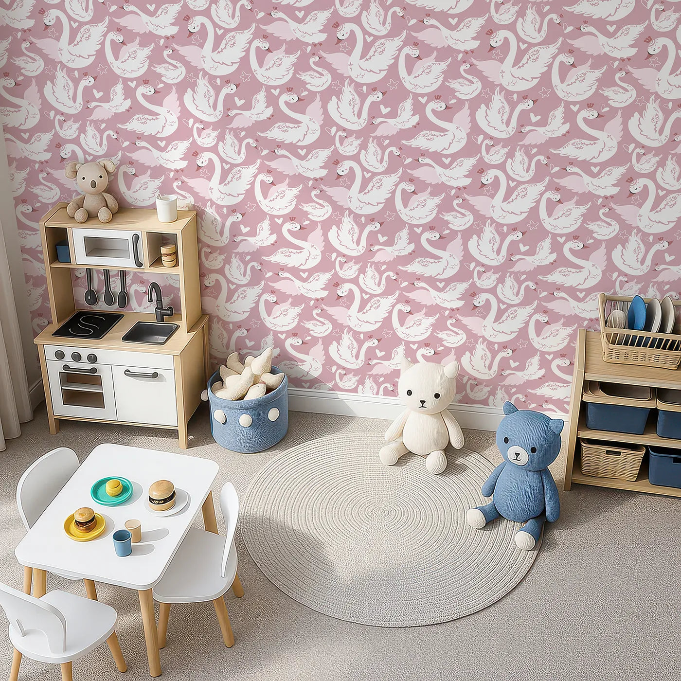 Top-Down view of Whimsy Tots' Swan Princess Waltz Wallpaper in Blush Pink (W3083A).Crowned swans and floating hearts dance across a rosy pink sky.