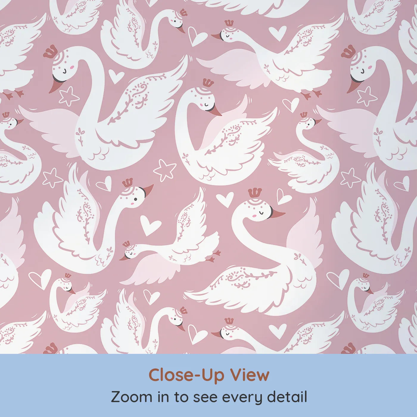 Close-up view of Whimsy Tots' Swan Princess Waltz Wallpaper in Blush Pink (W3083A).Crowned swans and floating hearts dance across a rosy pink sky.