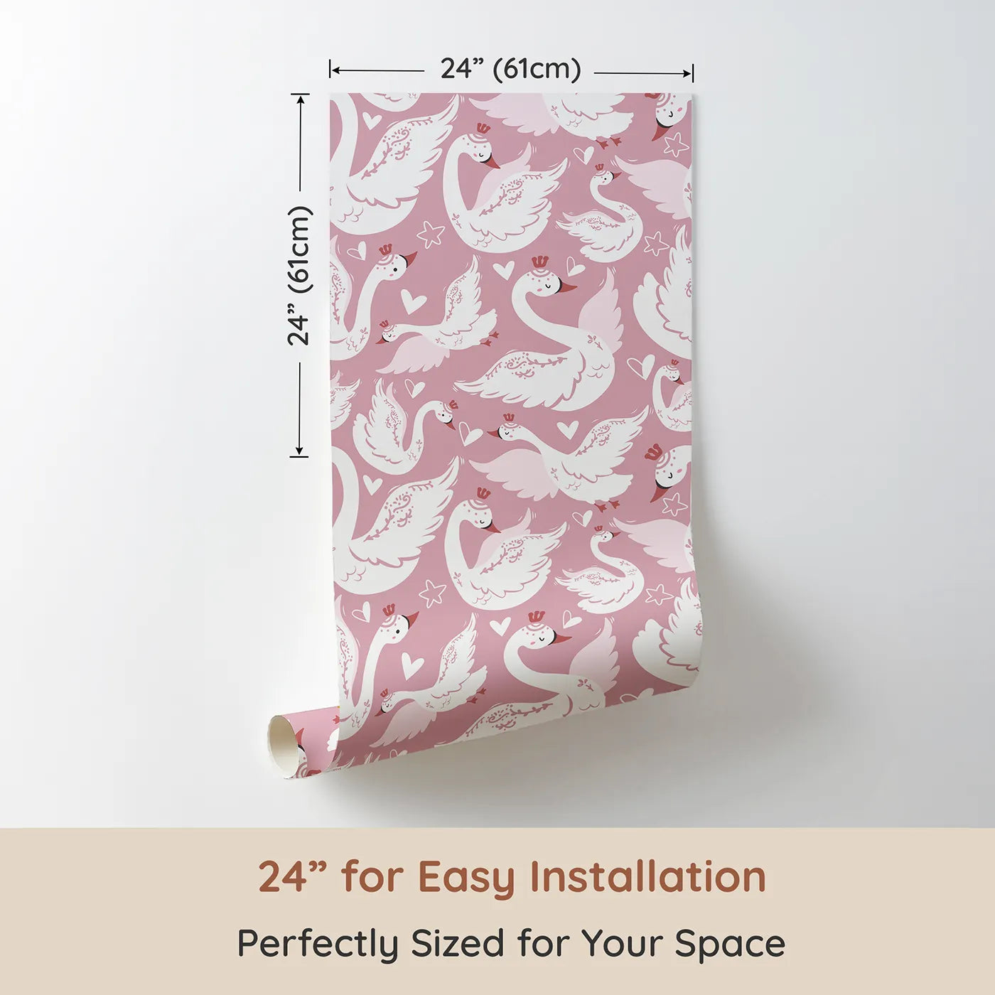 Dimension view of Whimsy Tots Swan Princess Waltz Wallpaper in Blush Pink (W3083A). Printed in 24-inch-wide panel for easy installation. Crowned swans and floating hearts dance across a rosy pink sky.