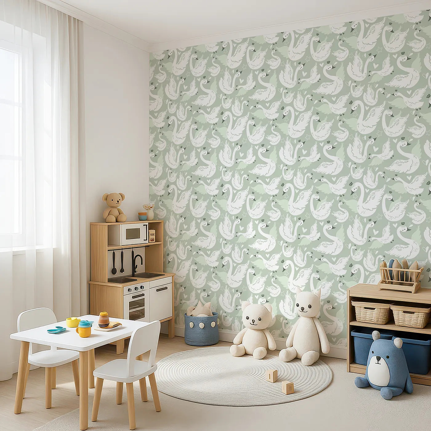 Angled view of Whimsy Tots' Swan Princess Waltz Wallpaper in Mint Green (W3083B).Graceful swans in crowns glide through a minty dreamscape.
