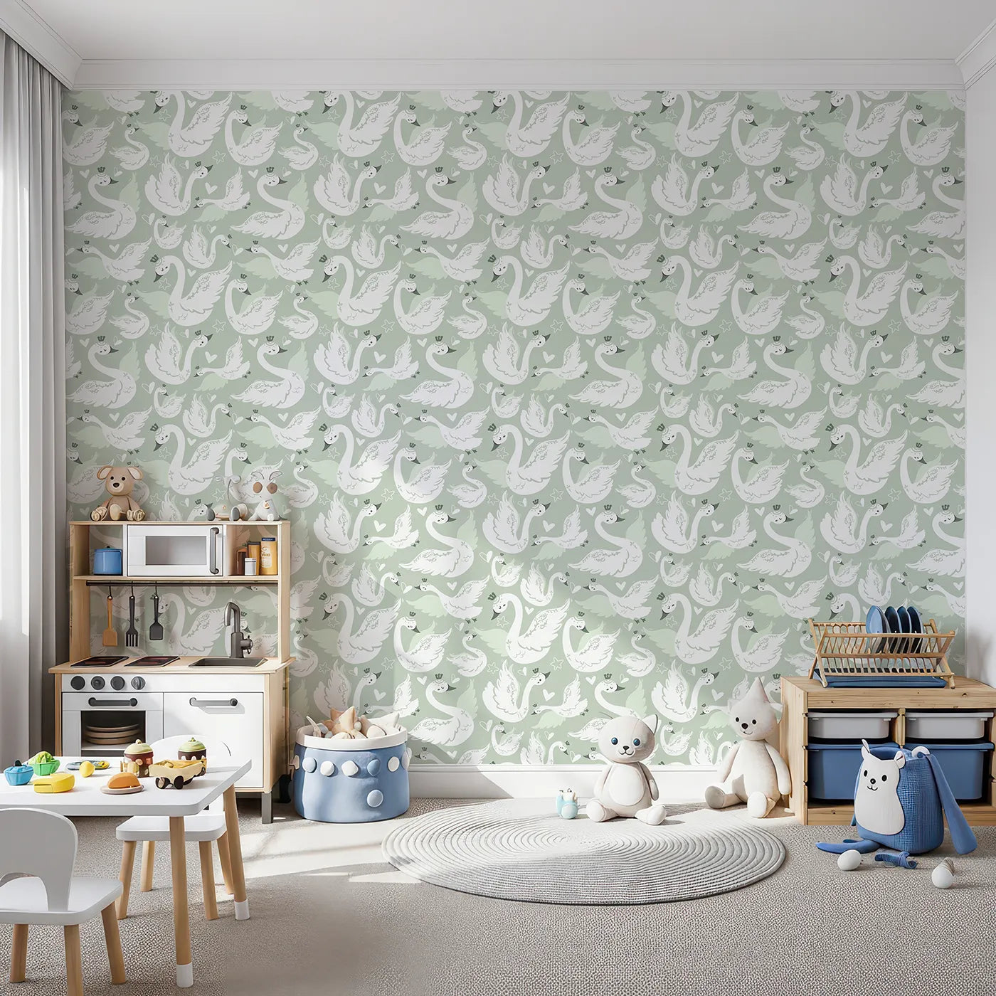 Front view of Whimsy Tots' Swan Princess Waltz Wallpaper in Mint Green