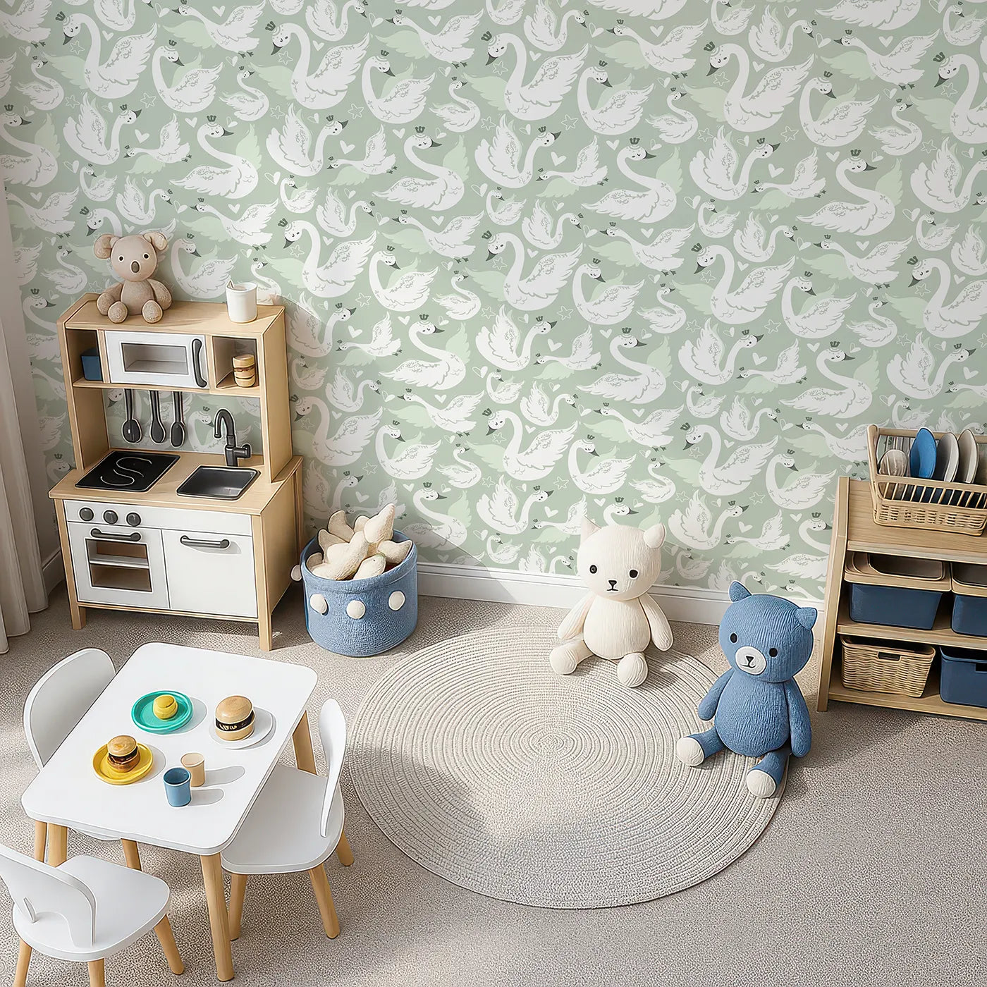 Top-Down view of Whimsy Tots' Swan Princess Waltz Wallpaper in Mint Green (W3083B).Graceful swans in crowns glide through a minty dreamscape.