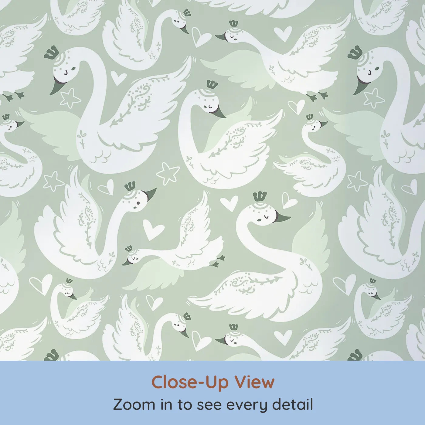 Close-up view of Whimsy Tots' Swan Princess Waltz Wallpaper in Mint Green (W3083B).Graceful swans in crowns glide through a minty dreamscape.
