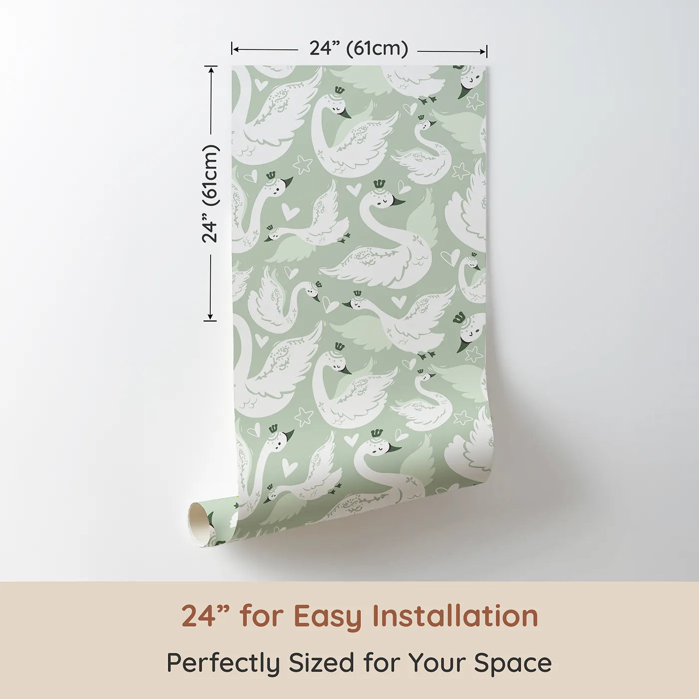 Dimension view of Whimsy Tots Swan Princess Waltz Wallpaper in Mint Green (W3083B). Printed in 24-inch-wide panel for easy installation. Graceful swans in crowns glide through a minty dreamscape.