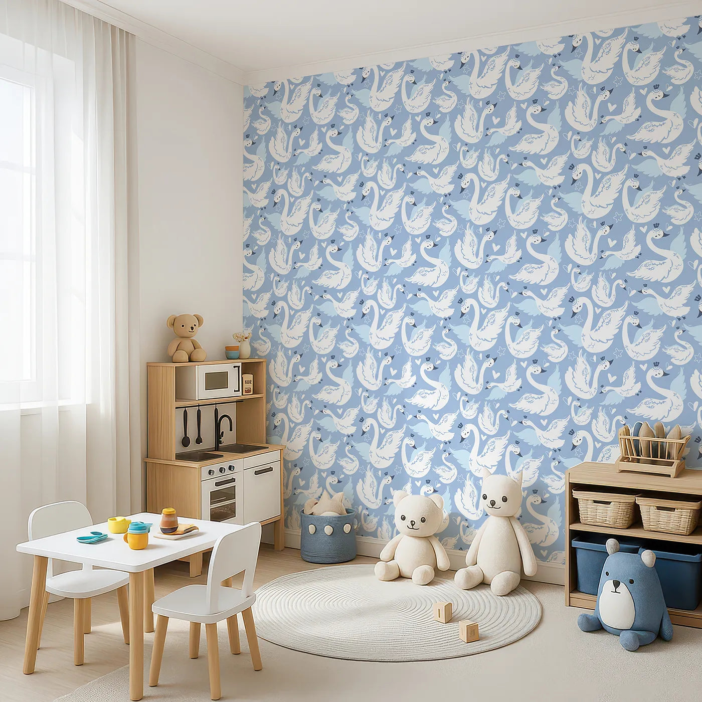 Angled view of Whimsy Tots' Swan Princess Waltz Wallpaper in Blue (W3083C).Crowned swans twirl through a dreamy purple sky filled with hearts and stars.