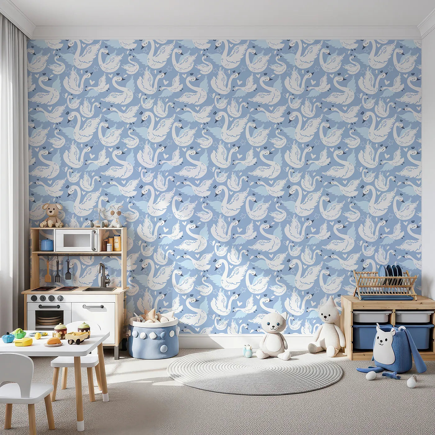 Front view of Whimsy Tots' Swan Princess Waltz Wallpaper in Blue